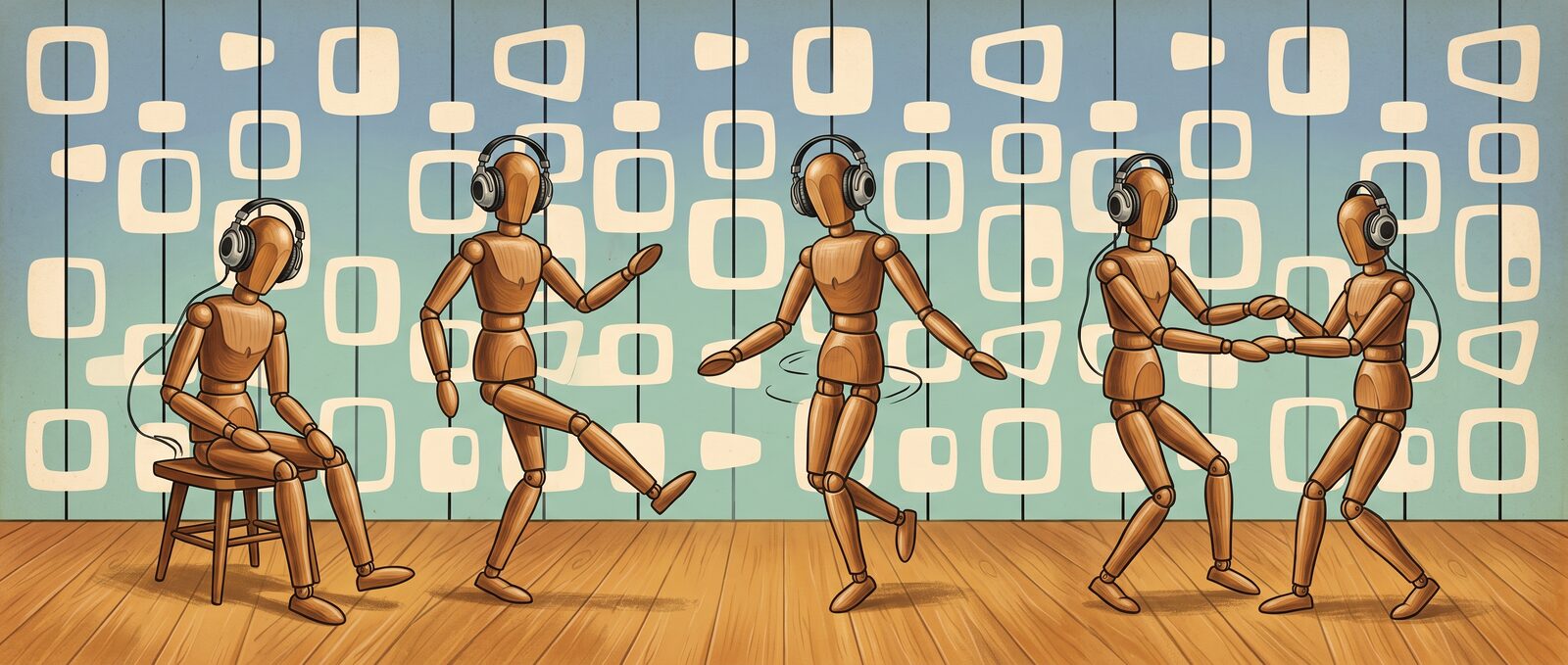 Five wooden artist's mannequins wearing headphones on a wooden stage in front of mid-century wallpaper of rounded squares: one sits on a stool listening, two dance, and two hold hands mid-twirl.